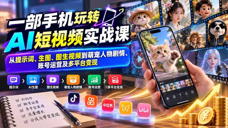 （20663期）一部手机玩转AI短视频实战课：从提示词、生图、图生视频到萌宠人物剧情、账号运营及多平台变现_生财有道创业项目网-生财有道