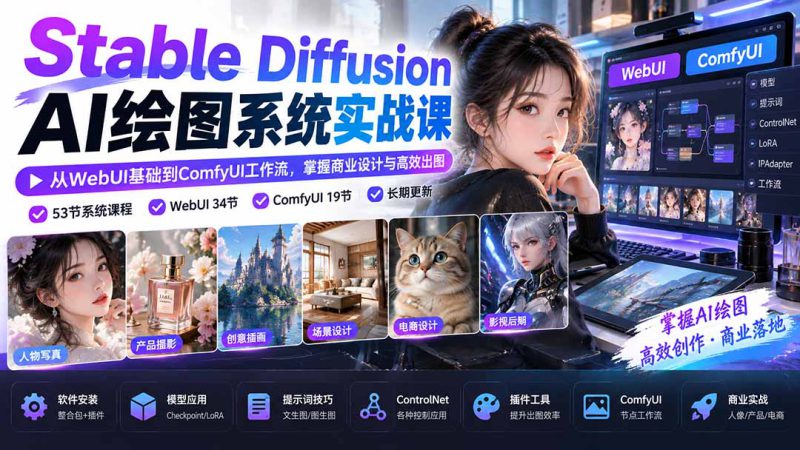 （20678期）Stable Diffusion AI绘图系统实战课：从WebUI基础到ComfyUI工作流，掌握商业设计与高效出图_生财有道创业项目网-生财有道
