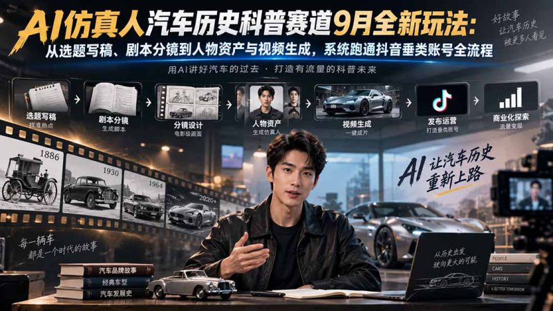 （20413期）AI仿真人汽车历史科普赛道9月全新玩法：从选题写稿、剧本分镜到人物资产与视频生成，系统跑通抖音垂类账号全流程_生财有道创业项目网-生财有道