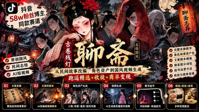 （20667期）抖音58w粉丝博主同款赛道古卷残灯聊斋：从民间故事改编、角色资产到国风视频生成，跑通精选+收徒+商单变现_生财有道创业项目网-生财有道