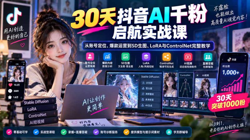 （20291期）30天抖音AI千粉启航实战课：从账号定位、爆款运营到SD生图、LoRA与ControlNet完整教学_生财有道创业项目网-生财有道