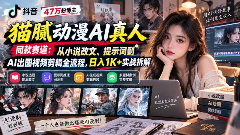 （20524期）抖音47万粉博主猫腻动漫AI真人同款赛道：从小说改文、提示词到AI出图视频剪辑全流程，日入1K+实战拆解_生财有道创业项目网-生财有道