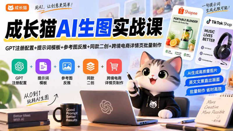 （20482期）成长猫AI生图实战课｜GPT注册配置+提示词模板+参考图反推+同款二创+跨境电商详情页批量制作_生财有道创业项目网-生财有道