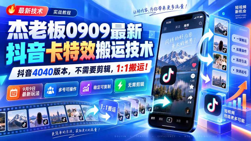（20369期）杰老板0909最新抖音卡特效搬运技术，抖音4040版本，不需要剪辑，1:1搬运！_生财有道创业项目网-生财有道