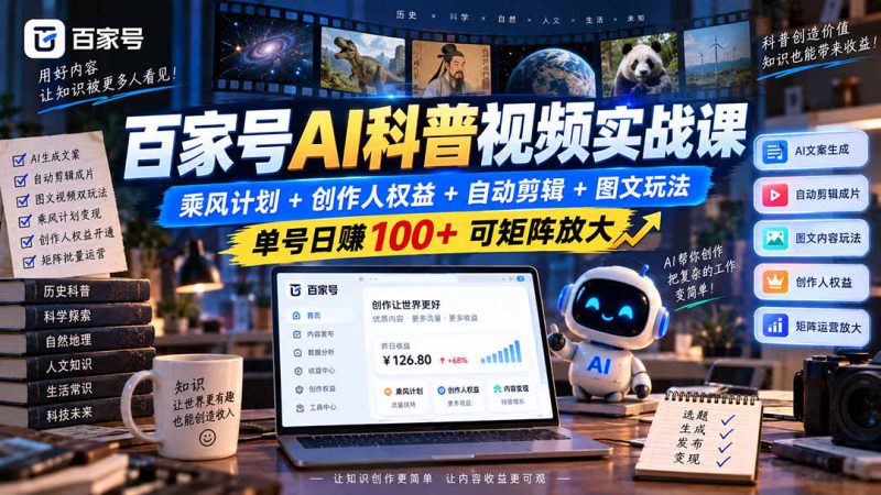 （20579期）百家号AI科普视频实战课：乘风计划+创作人权益+自动剪辑+图文玩法，单号日赚100+可矩阵放大_生财有道创业项目网-生财有道