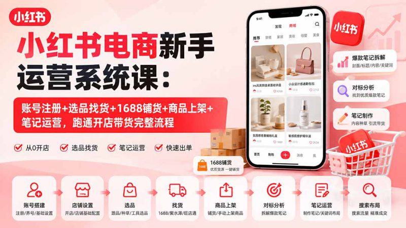 （20319期）小红书电商新手运营系统课：账号注册+选品找货+1688铺货+商品上架+笔记运营，跑通开店带货完整流程_生财有道创业项目网-生财有道