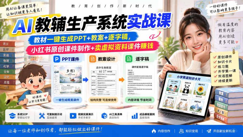 (20542期)AI教辅生产系统实战课|教材一键生成PPT+教案+逐字稿,小红书原创课件制作+卖虚拟资料课件赚钱_生财有道创业项目网-生财有道