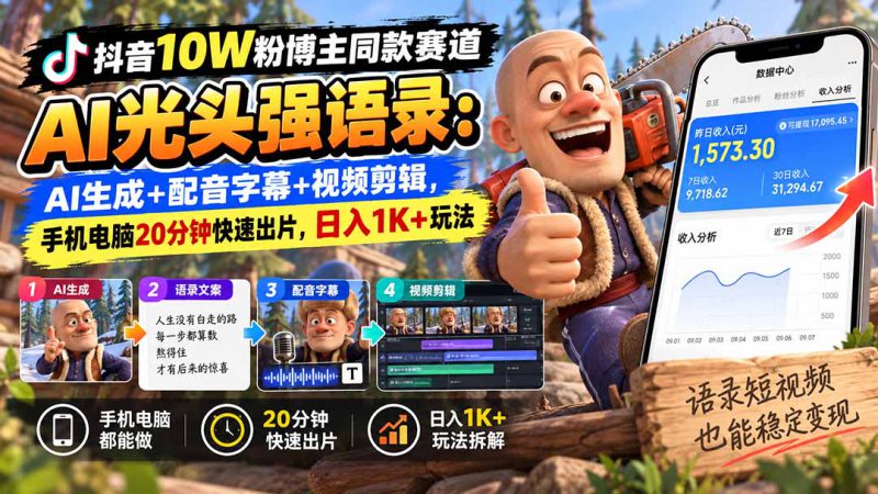 （20687期）【无水印】抖音10W粉博主同款赛道AI光头强语录：AI生成+配音字幕+视频剪辑，手机电脑20分钟快速出片，日入1K+玩法_生财有道创业项目网-生财有道