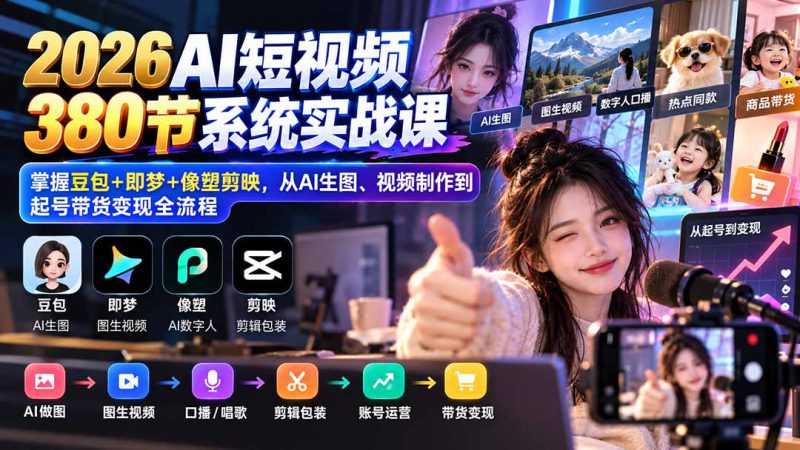 （20707期）【无水印】2026AI短视频380节系统实战课：掌握豆包+即梦+像塑剪映，从AI生图、视频制作到起号带货变现全流程_生财有道创业项目网-生财有道