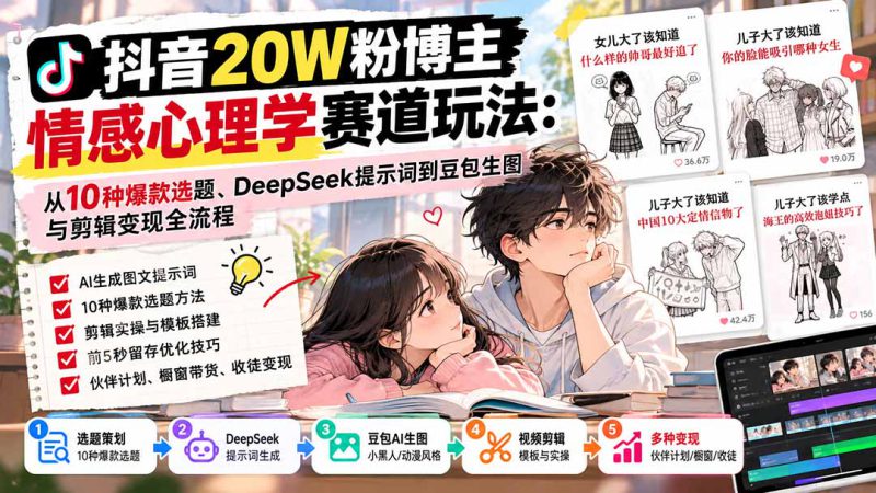 （20688期）抖音20W粉博主-情感心理学赛道玩法：从10种爆款选题、DeepSeek提示词到豆包生图与剪辑变现全流程_生财有道创业项目网-生财有道