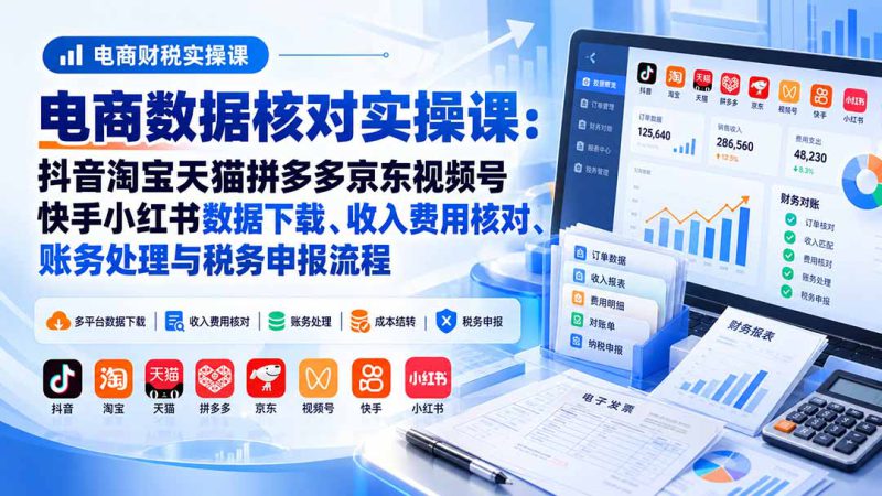 （20723期）电商数据核账实操课：抖音淘宝天猫拼多多京东视频号快手小红书数据下载、收入费用核对、账务处理与税务申报流程_生财有道创业项目网-生财有道