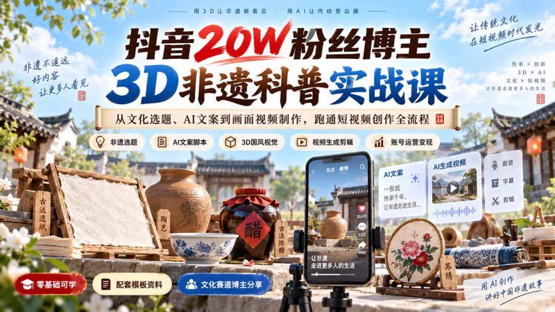 （20356期）抖音20W粉丝博主3D非遗科普实战课：从文化选题、AI文案到画面视频制作，跑通短视频创作全流程_生财有道创业项目网-生财有道