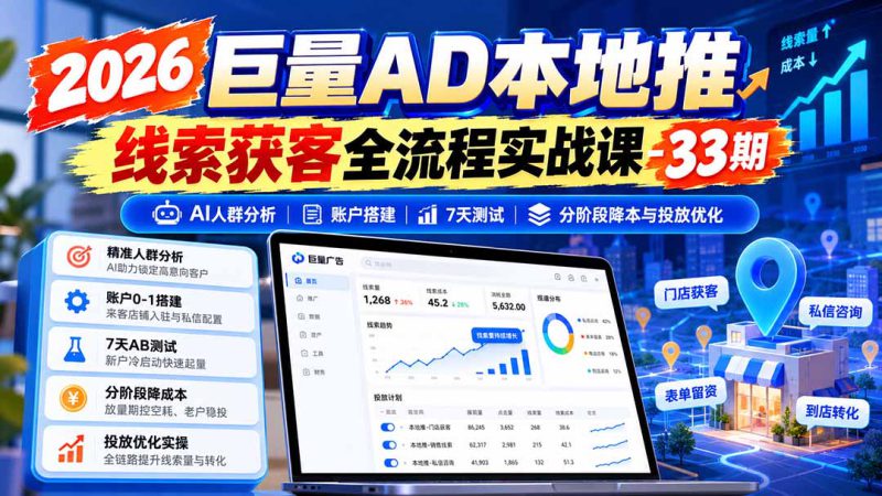 (21003期)2026巨量AD本地推线索获客全流程实战课-33期:AI人群分析、账户搭建、7天测试、分阶段降本与投放优化_生财有道创业项目网-生财有道