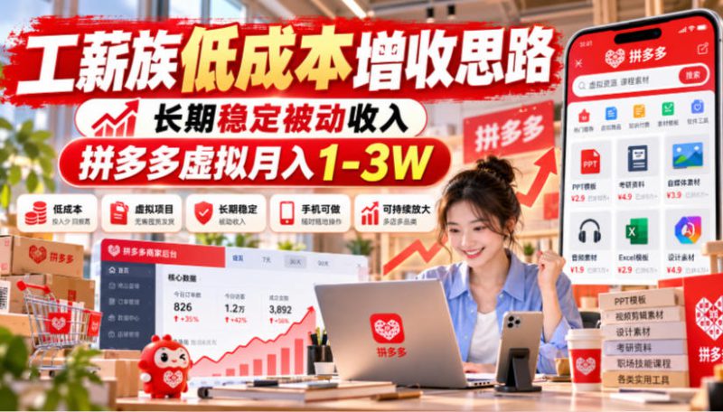 工薪族低成本增收思路,长期稳定被动收入,拼多多虚拟月入1-3W——生财有道创业项目网-生财有道