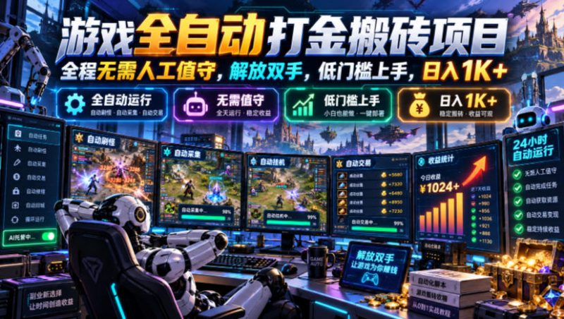 游戏全自动打金搬砖项目，全程无需人工值守，解放双手，低门槛上手，日入1K+【揭秘】——生财有道创业项目网-生财有道