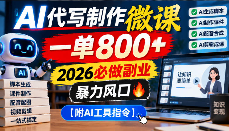 AI代写制作微课，一单800+，2026必做副业，暴力风口【附AI工具指令】【揭秘】——生财有道创业项目网-生财有道