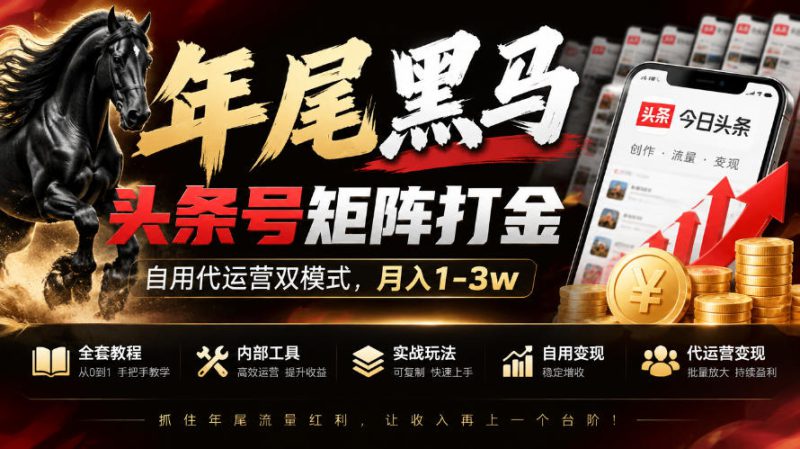 【年尾黑马】头条号矩阵打金，自用代运营双模式，月入1-3w，附全套教程及内部工具【揭秘】——生财有道创业项目网-生财有道