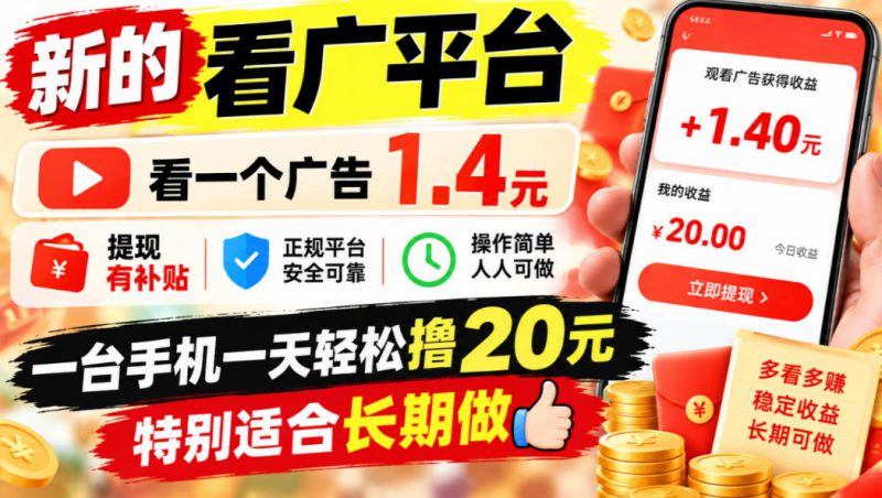 一个新的看广平台，看一个广告1.4元，提现有补贴,一台手机一天轻松撸20+，特别适合长期做【揭秘】——生财有道创业项目网-生财有道
