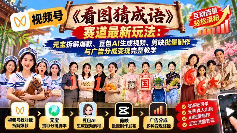 （21060期）视频号《看图猜成语》赛道最新玩法：元宝拆解爆款、豆包AI生成视频、剪映批量制作与广告分成变现完整教学_生财有道创业项目网-生财有道
