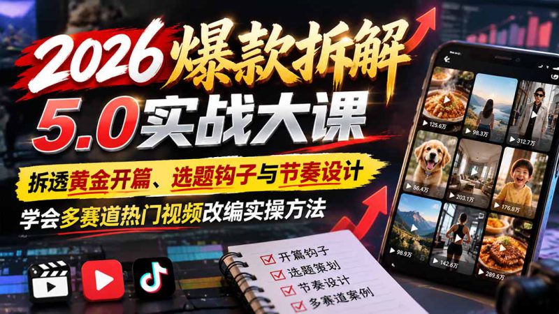 (21110期)2026爆款拆解5.0实战大课:拆透黄金开篇、选题钩子与节奏设计,学会多赛道热门视频改编实操方法_生财有道创业项目网-生财有道
