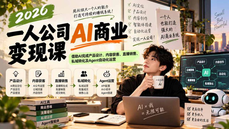 （20901期）2026一人公司AI商业变现课：借助AI完成产品设计、内容获客、直播销售、私域转化及Agent自动化运营_生财有道创业项目网-生财有道