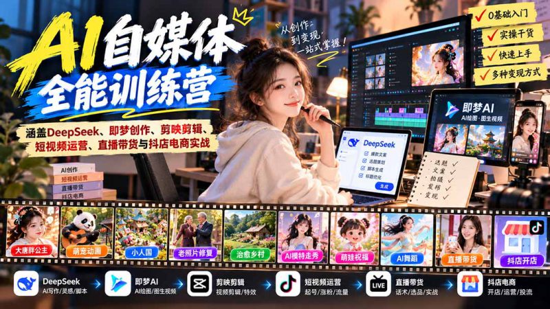（21201期）【无水印】AI+自媒体全能训练营：涵盖DeepSeek、即梦创作、剪映剪辑、短视频运营、直播带货与抖店电商实战_生财有道创业项目网-生财有道