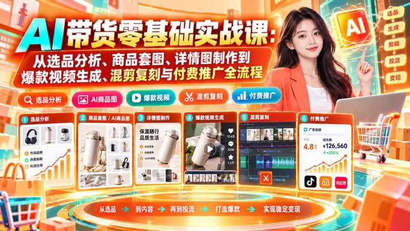 （20856期）AI带货零基础实战课：从选品分析、商品套图、详情图制作到爆款视频生成、混剪复刻与付费推广全流程_生财有道创业项目网-生财有道