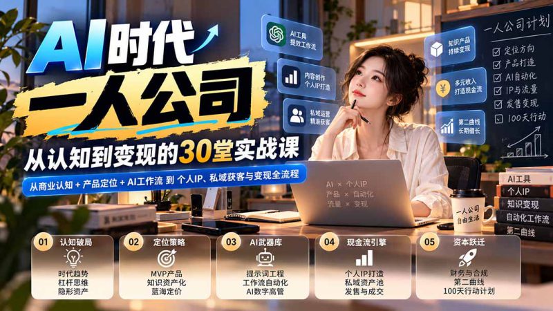 (20847期)【无水印】AI时代一人公司30堂实战课:从商业认知+产品定位+AI工作流到个人IP、私域获客与变现全流程_生财有道创业项目网-生财有道
