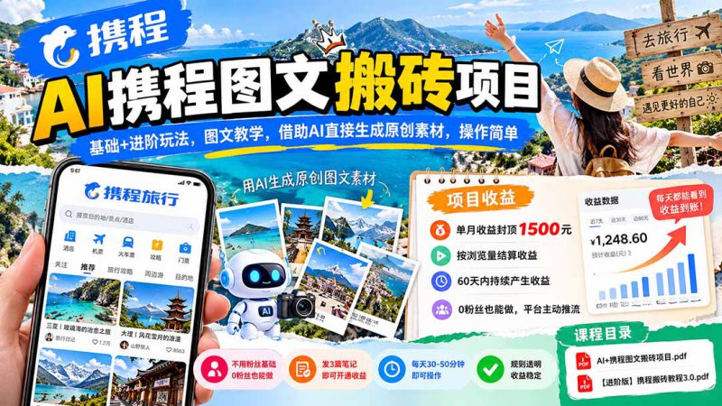 （21180期）AI携程图文搬砖项目，基础+进阶玩法，图文教学，借助AI直接生成原创素材，操作简单_生财有道创业项目网-生财有道