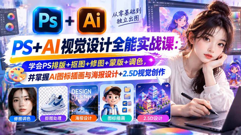 （20749期）【无水印】PS+AI视觉设计全能实战课：学会PS排版+抠图+修图+蒙版+调色，并掌握AI图标插画与海报设计+2.5D视觉创作_生财有道创业项目网-生财有道