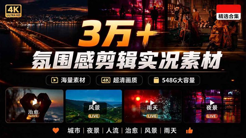 (21009期)氛围感3万+海量高清剪辑实况素材,含雨天、雪天、夜景、街道等经典场景,伤感唯美励志短视频无水印素材_生财有道创业项目网-生财有道