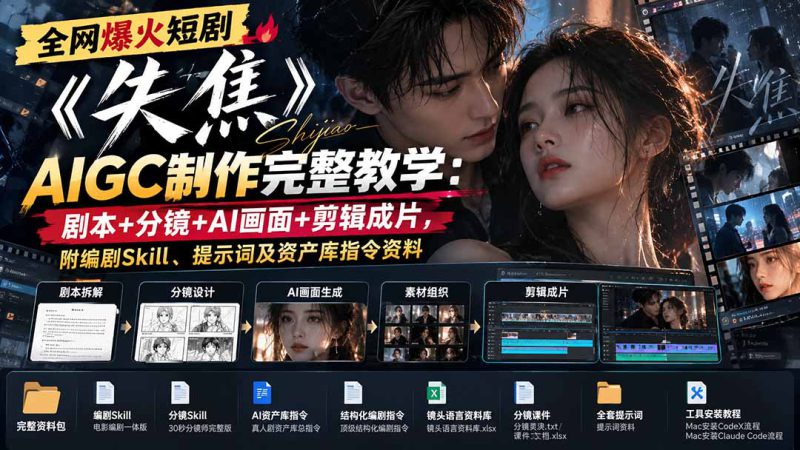 （20805期）全网爆火短剧《失焦》AIGC制作完整教学：剧本+分镜+AI画面+剪辑成片，附编剧Skill、提示词及资产库指令资料_生财有道创业项目网-生财有道