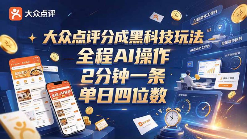 (21013期)大众点评分成全网独家玩法,AI 全自动出内容,2 分钟一条,小白可冲单日四位数_生财有道创业项目网-生财有道