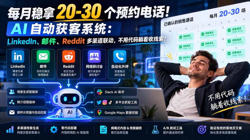 （21164期）每月稳拿 20-30 个预约电话！AI 自动获客系统：LinkedIn、邮件、Reddit 多渠道联动，不用代码躺着收线索！_生财有道创业项目网-生财有道