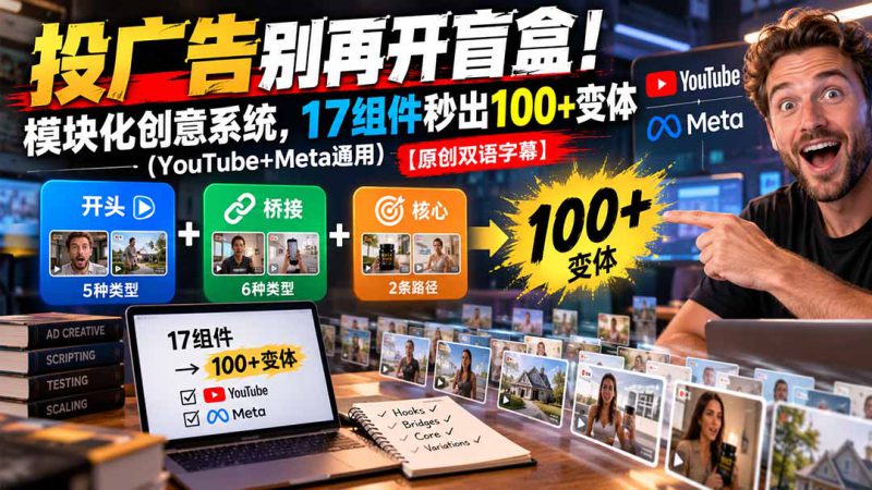 （20840期）投广告别再开盲盒！模块化创意系统，17组件秒出100+变体（YouTube+Meta通用）【原创双语字幕】_生财有道创业项目网-生财有道
