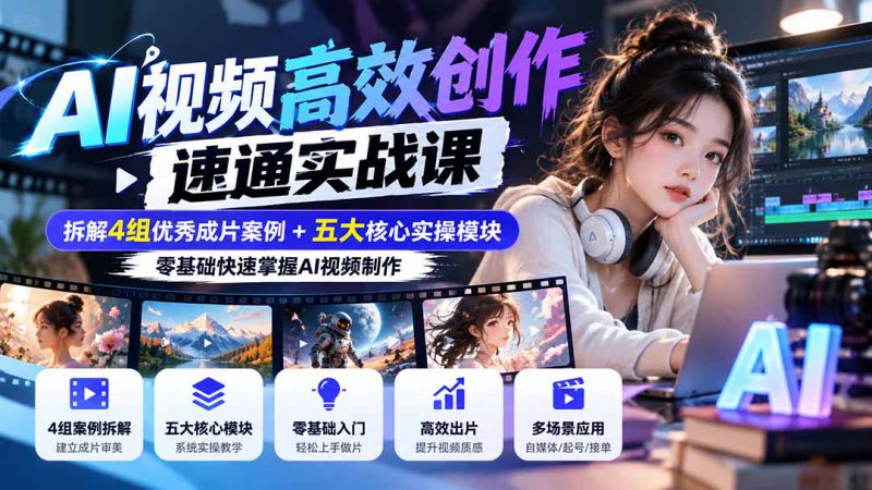 （20819期）【无水印】AI视频高效创作速通实战课：拆解4组优秀成片案例+五大核心实操模块，零基础快速掌握AI视频制作_生财有道创业项目网-生财有道