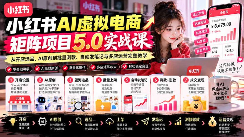 （21273期）小红书AI虚拟电商矩阵5.0实战课：从开店选品、AI原创到批量测款、自动发笔记与多店运营完整教学_生财有道创业项目网-生财有道