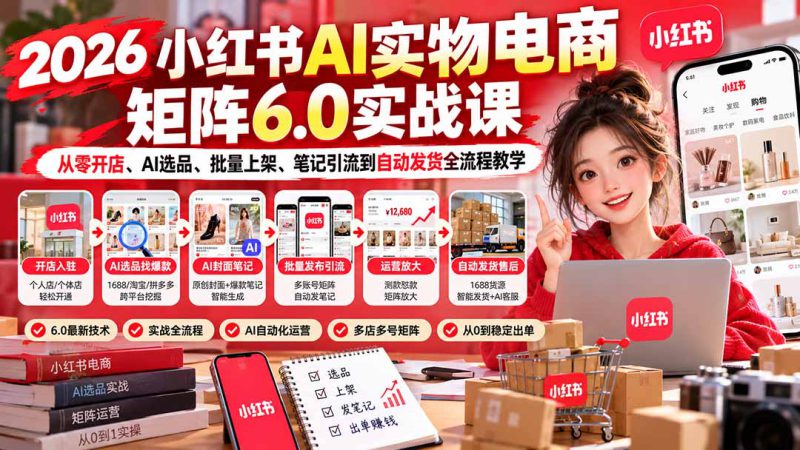 （21274期）2026小红书AI实物电商矩阵6.0实战课：从零开店、AI选品、批量上架、笔记引流到自动发货全流程教学_生财有道创业项目网-生财有道
