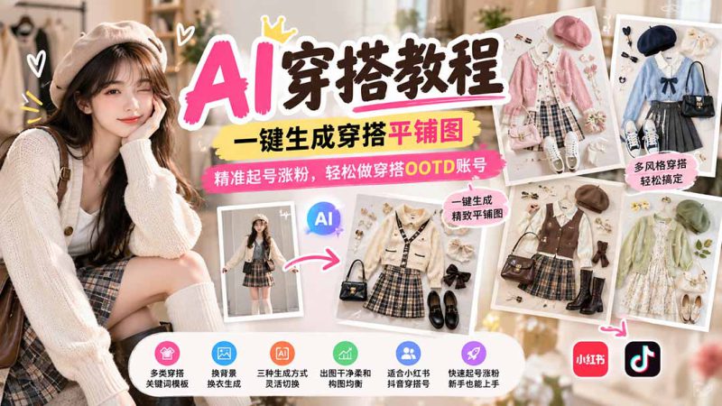 （21134期）【无水印】AI穿搭教程｜一键生成穿搭平铺图，精准起号涨粉，轻松做穿搭OOTD账号_生财有道创业项目网-生财有道