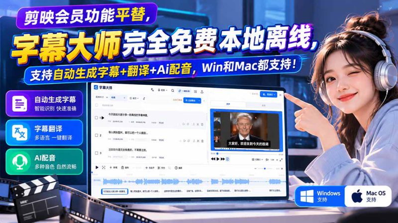 （20902期）剪映会员功能平替，字幕大师完全免费本地离线，支持自动生成字幕+翻译+Ai配音，Win和Mac都支持！_生财有道创业项目网-生财有道