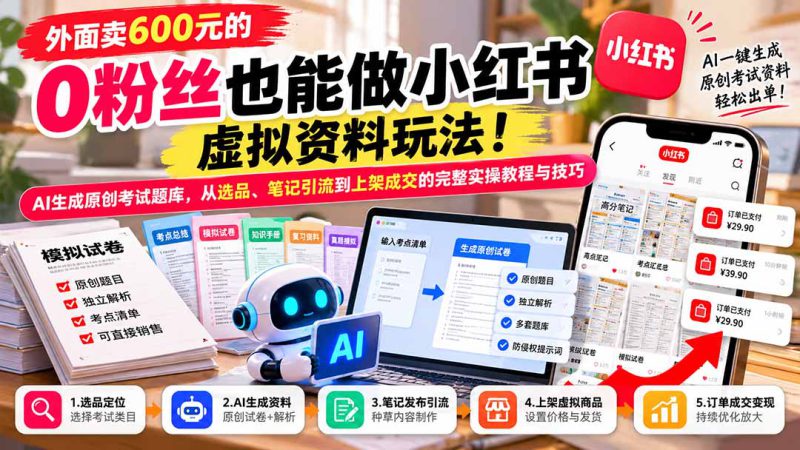 （21182期）外面卖600元的 零粉丝也能做小红书虚拟资料玩法！AI生成原创考试题库，从选品、笔记引流到上架成交的完整实操教程_生财有道创业项目网-生财有道