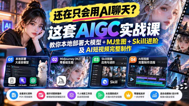 （21135期）【无水印】还在只会用AI聊天？这套AIGC实战课教你本地部署大模型+MJ生图+Skill进阶及AI短视频完整制作_生财有道创业项目网-生财有道