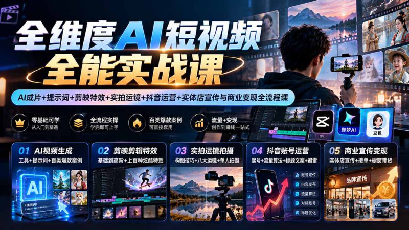 （20768期）【无水印】全维度AI短视频全能实战课：AI成片+提示词+剪映特效+实拍运镜+抖音运营+实体店宣传与商业变现全流程课_生财有道创业项目网-生财有道