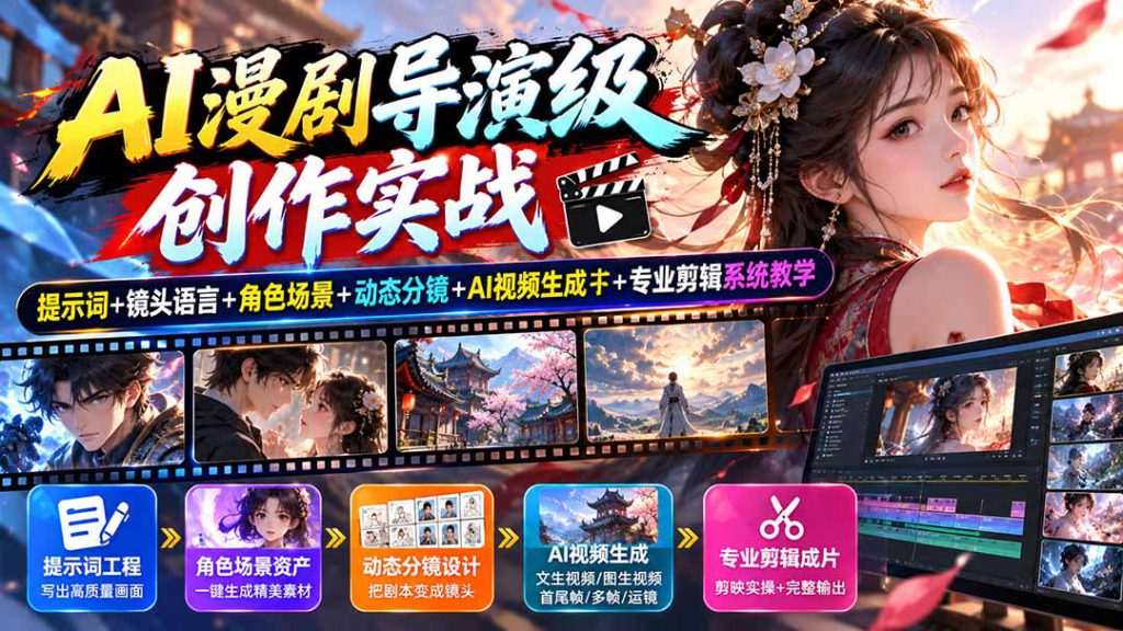 （20814期）AI漫剧导演级创作实战：提示词+镜头语言+角色场景+动态分镜+AI视频生成+专业剪辑系统教学_生财有道创业项目网-生财有道