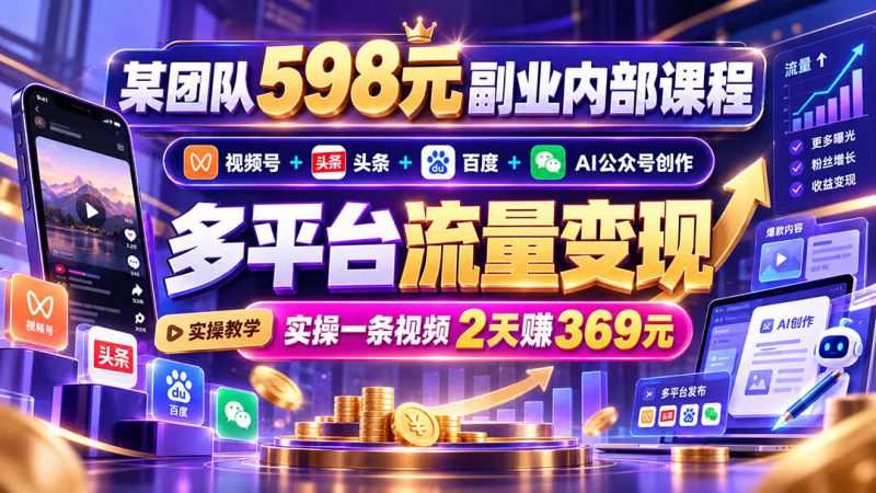 （21238期）某团队598元副业内部课程：视频号+头条+百度+AI公众号创作、多平台流量变现，实操一条视频2天赚369元_生财有道创业项目网-生财有道