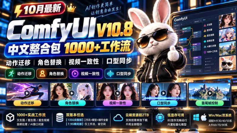 （21240期）10月最新ComfyUI V10.8中文整合包 1000+工作流 动作迁移 角色替换 视频一致性 口型同步 低显存可用_生财有道创业项目网-生财有道