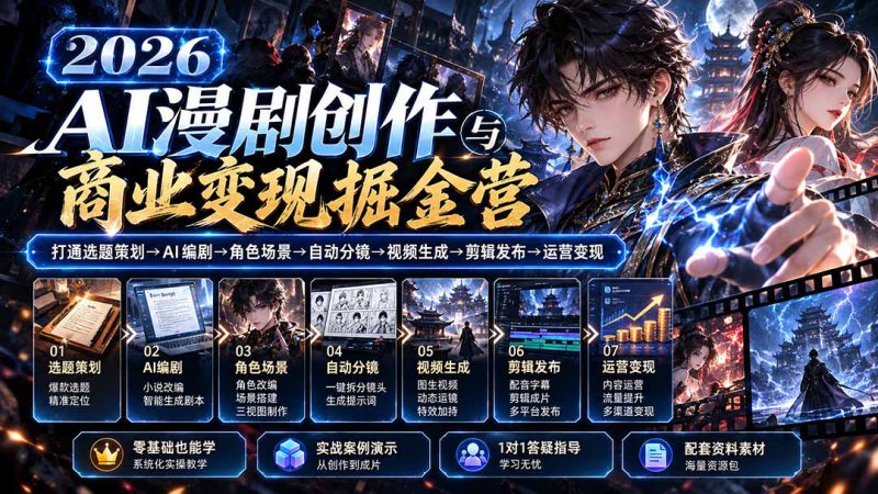 （20906期）【无水印】2026AI漫剧创作与商业变现掘金营：打通选题→AI编剧→角色场景→自动分镜→视频生成→剪辑发布→运营变现_生财有道创业项目网-生财有道