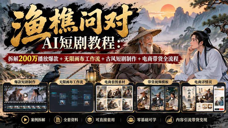 （20772期）【无水印】渔樵问对AI短剧教程：拆解200万播放爆款+无限画布工作流+古风短剧制作+电商带货全流程_生财有道创业项目网-生财有道
