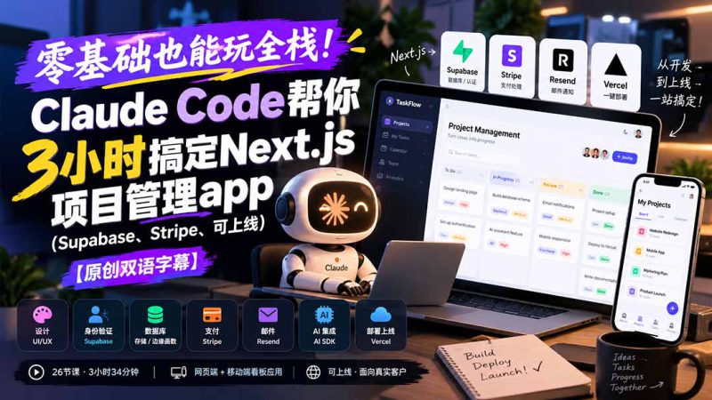 （20907期）零基础也能玩全栈！Claude Code帮你3小时搞定Next.js项目管理app（Supabase、Stripe、可上线）【原创双语字幕】_生财有道创业项目网-生财有道