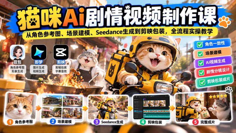 （20793期）猫咪AI剧情视频制作课：从角色参考图、场景建模、Seedance生成到剪映包装，全流程实操教学_生财有道创业项目网-生财有道